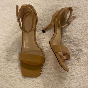 PATENT LEATHER Square Open-Toe Ankle-Wrap Block Pump in Beige. No Brand on Shoe.